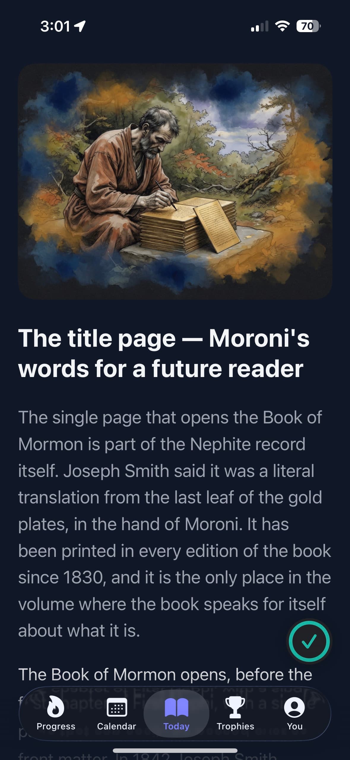 The Book of Mormon Stories app showing today's illustrated story.